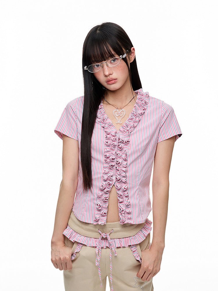 3D Lace Ruffle Pink Blouse - paper.bruise