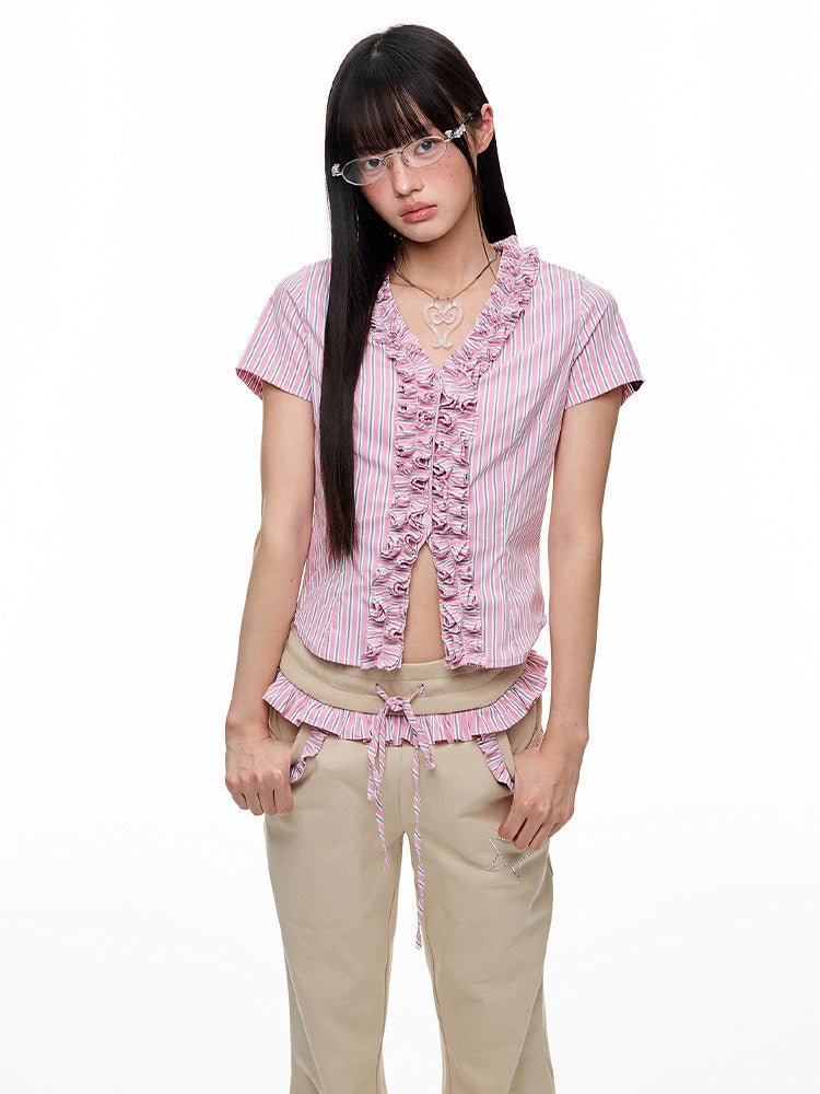 3D Lace Ruffle Pink Blouse - paper.bruise